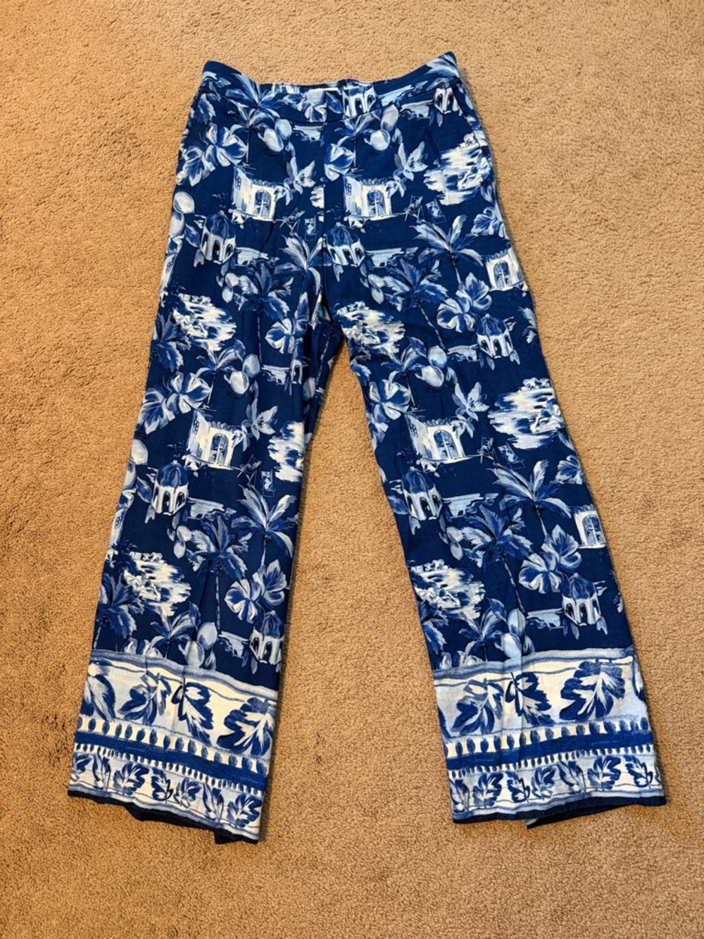 LOFT Blue and White Tropical Print Wide-Leg Pants